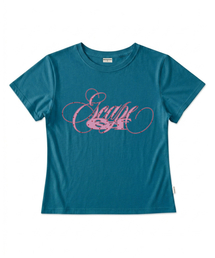 ピンクドットラインエスケープレタリングプリントスリムフィット半袖Tシャツターコイズ