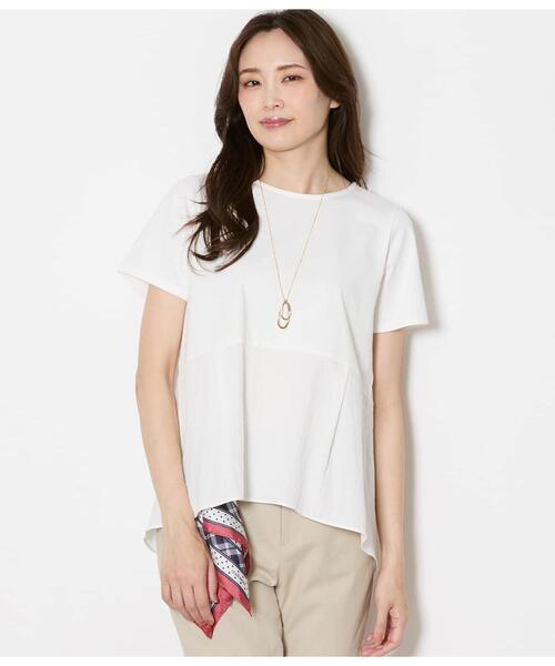 NEWYORKER(ニューヨーカー)の「【遮熱】プレーディング天竺 裾切替えカットソー(Tシャツ/カットソー・レディース・ホワイト/ネイビー・LARGE/MEDIUM)」の1枚目の写真