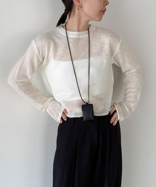 select MOCA by son(セレクトモカバイソン)の「シアーショートニットトップス【by SON】(ニット/セーター・レディース・ブラウン/ホワイト/チャコールグレー・FREE)」の2枚目の写真