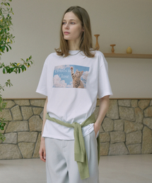 Cotton Oversized Cloud Cat&Lettering Print Tee (white)