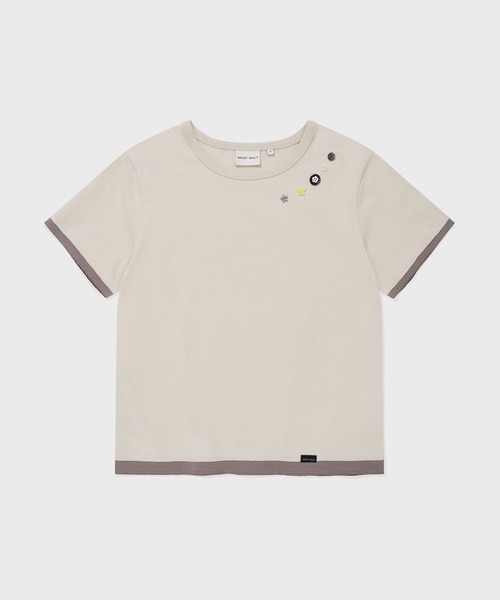 Wacky WiLLy(ワッキーウィリー)の「WOMEN'S LAYERED BUTTON SHORT SLEEVE T-SHIRT(Tシャツ/カットソー・レディース・ベージュ/チャコールグレー・MEDIUM/SMALL)」の3枚目の写真