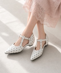 SHOES 365 ドット柄セパレートアンクルストラップローヒールパンプス (SS)