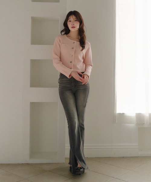 fupel(フぺル)の「gold button knit jacket / ゴールドボタンニットジャケット(ノーカラージャケット・レディース・ネイビー/オフホワイト/ピンク・FREE)」の7枚目の写真