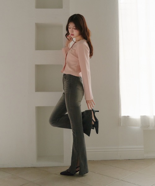 fupel(フぺル)の「gold button knit jacket / ゴールドボタンニットジャケット(ノーカラージャケット・レディース・ネイビー/オフホワイト/ピンク・FREE)」の10枚目の写真