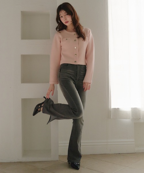 fupel(フぺル)の「gold button knit jacket / ゴールドボタンニットジャケット(ノーカラージャケット・レディース・ネイビー/オフホワイト/ピンク・FREE)」の8枚目の写真