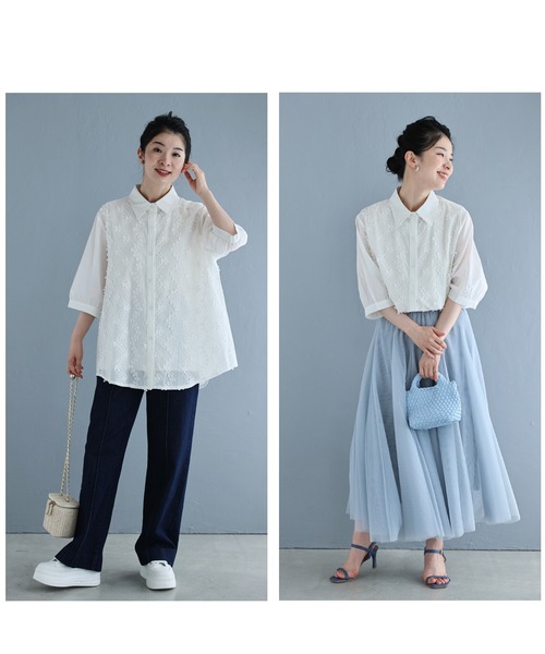 cawaii（カワイイ）の「波うつ花と蝶々の刺繍ラインシャツトップス（シャツ/ブラウス・レディース・ホワイト・FREE）」の5枚目の写真