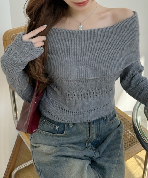 Ada.(エイダ)の「透かし編み 折り返し オフショルダー ニット(ニット/セーター・レディース・レッド/グレー/ブラック・FREE)」の11枚目の写真