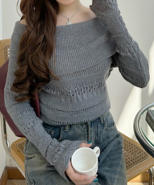 Ada.(エイダ)の「透かし編み 折り返し オフショルダー ニット(ニット/セーター・レディース・レッド/グレー/ブラック・FREE)」の14枚目の写真