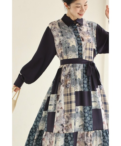 cawaii(カワイイ)の「(紺)柄集めパッチワーク風ロングワンピース(ベルト付き)(ワンピース・レディース・ネイビー・FREE)」の1枚目の写真
