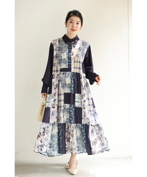 cawaii(カワイイ)の「(紺)柄集めパッチワーク風ロングワンピース(ベルト付き)(ワンピース・レディース・ネイビー・FREE)」の3枚目の写真