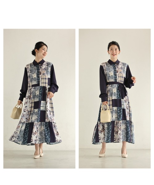 cawaii(カワイイ)の「(紺)柄集めパッチワーク風ロングワンピース(ベルト付き)(ワンピース・レディース・ネイビー・FREE)」の5枚目の写真