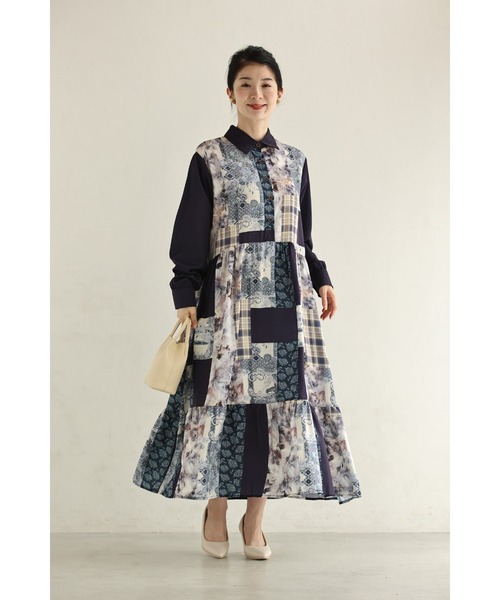 cawaii(カワイイ)の「(紺)柄集めパッチワーク風ロングワンピース(ベルト付き)(ワンピース・レディース・ネイビー・FREE)」の12枚目の写真