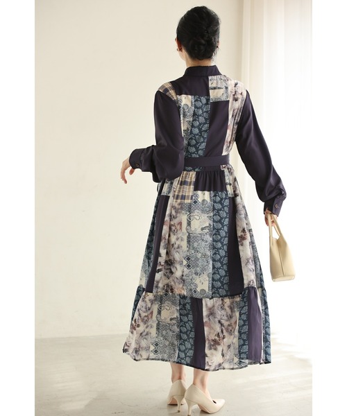 cawaii(カワイイ)の「(紺)柄集めパッチワーク風ロングワンピース(ベルト付き)(ワンピース・レディース・ネイビー・FREE)」の7枚目の写真
