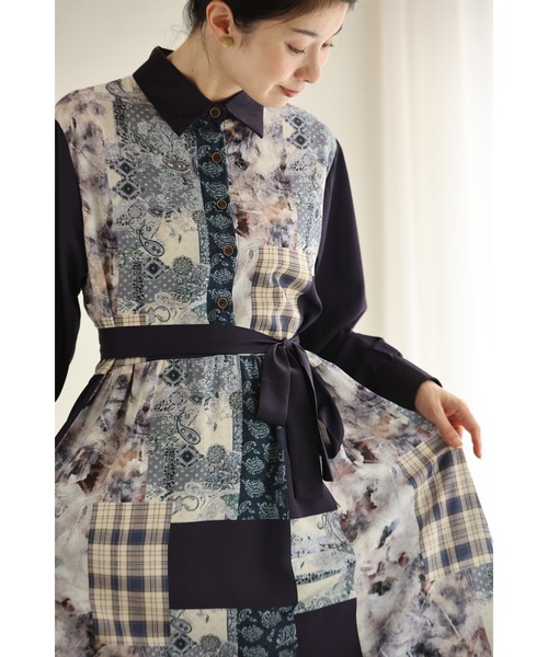cawaii(カワイイ)の「(紺)柄集めパッチワーク風ロングワンピース(ベルト付き)(ワンピース・レディース・ネイビー・FREE)」の8枚目の写真