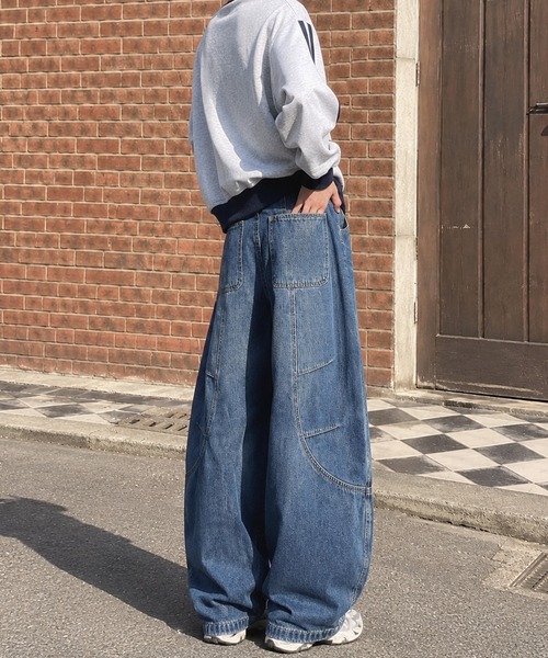 HOOK（フック）の「HOOK 立体カーブ 切り替え バルーンシルエット ワイドデニムパンツ（デニムパンツ・メンズ・ブルー・L/M/S）」の8枚目の写真