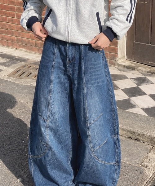 HOOK（フック）の「HOOK 立体カーブ 切り替え バルーンシルエット ワイドデニムパンツ（デニムパンツ・メンズ・ブルー・L/M/S）」の10枚目の写真