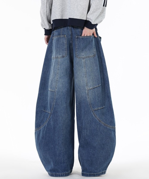 HOOK（フック）の「HOOK 立体カーブ 切り替え バルーンシルエット ワイドデニムパンツ（デニムパンツ・メンズ・ブルー・L/M/S）」の19枚目の写真