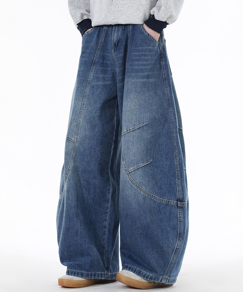 HOOK（フック）の「HOOK 立体カーブ 切り替え バルーンシルエット ワイドデニムパンツ（デニムパンツ・メンズ・ブルー・L/M/S）」の15枚目の写真