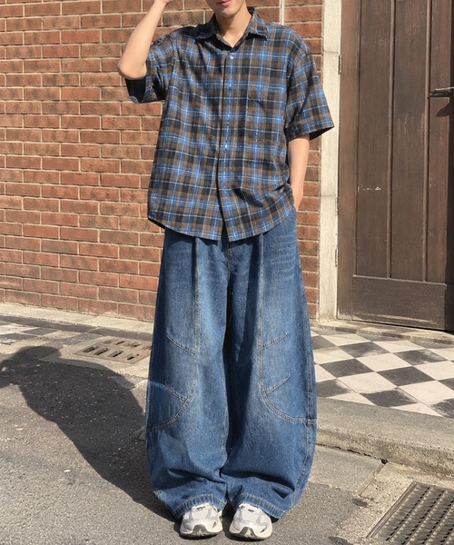 HOOK（フック）の「HOOK 立体カーブ 切り替え バルーンシルエット ワイドデニムパンツ（デニムパンツ・メンズ・ブルー・L/M/S）」の12枚目の写真