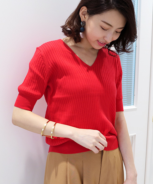 N.（N. Natural Beauty Basic）（エヌエヌナチュラルビューティーベーシック）の「ワイドリブ5分袖セットアップニット【セットアップ対応商品】（ニット/セーター・レディース・レッド/ネイビー/グレー/ホワイト/ホワイト系その他・MEDIUM）」の5枚目の写真