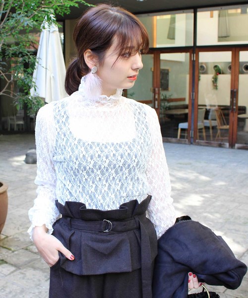 Mode Robe モードローブ の シースルーフリル総レーストップス ポイントフリル トップス ハイネック レーストップス Tシャツ カットソー Wear