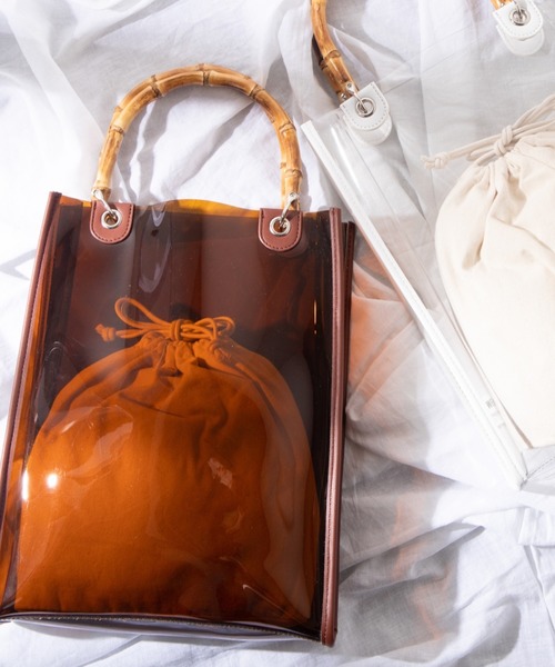 WEGO（ウィゴー）の「WEGO/【2点セット】バンブーハンドルクリアトートバッグ（トートバッグ・レディース・ブラウン/ホワイト系その他・FREE）」の2枚目の写真