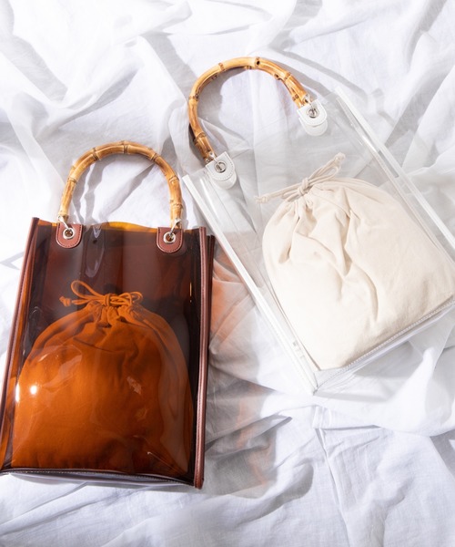 WEGO（ウィゴー）の「WEGO/【2点セット】バンブーハンドルクリアトートバッグ（トートバッグ・レディース・ブラウン/ホワイト系その他・FREE）」の11枚目の写真