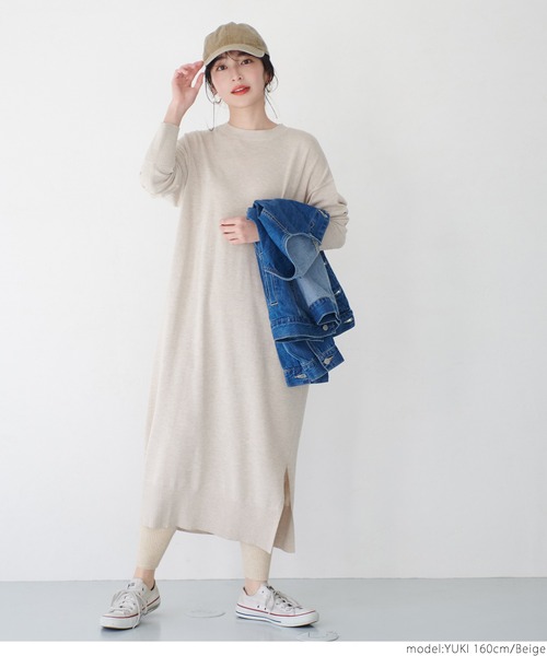coca(coca)(コカ)の「クルーネックニットワンピース(ワンピース・レディース・チャコールグレー/ベージュ・ONE SIZE)」の3枚目の写真