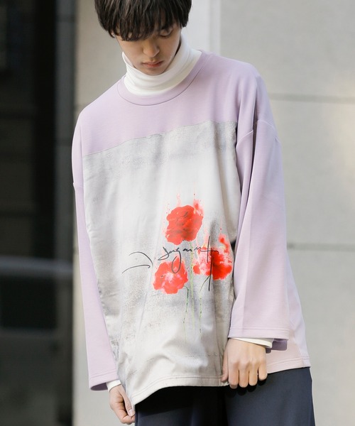 Beno(ビーノ)の「ストレッチR/Tスムース ローズデザイン貼付け ルーズシルエット ロングスリーブTEE(Tシャツ/カットソー・メンズ・ホワイト/ライトベージュ/ラベンダー/サックスブルー/ブラック・FREE)」の5枚目の写真