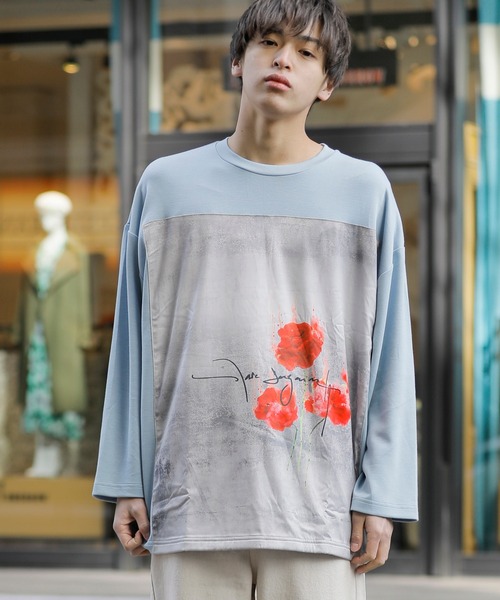 Beno(ビーノ)の「ストレッチR/Tスムース ローズデザイン貼付け ルーズシルエット ロングスリーブTEE(Tシャツ/カットソー・メンズ・ホワイト/ライトベージュ/ラベンダー/サックスブルー/ブラック・FREE)」の4枚目の写真
