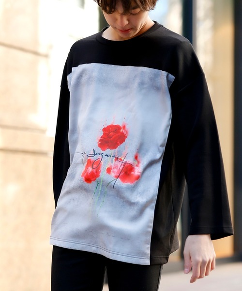 Beno(ビーノ)の「ストレッチR/Tスムース ローズデザイン貼付け ルーズシルエット ロングスリーブTEE(Tシャツ/カットソー・メンズ・ホワイト/ライトベージュ/ラベンダー/サックスブルー/ブラック・FREE)」の3枚目の写真