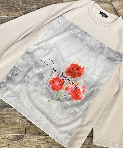 Beno(ビーノ)の「ストレッチR/Tスムース ローズデザイン貼付け ルーズシルエット ロングスリーブTEE(Tシャツ/カットソー・メンズ・ホワイト/ライトベージュ/ラベンダー/サックスブルー/ブラック・FREE)」の16枚目の写真