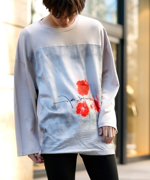Beno(ビーノ)の「ストレッチR/Tスムース ローズデザイン貼付け ルーズシルエット ロングスリーブTEE(Tシャツ/カットソー・メンズ・ホワイト/ライトベージュ/ラベンダー/サックスブルー/ブラック・FREE)」の10枚目の写真
