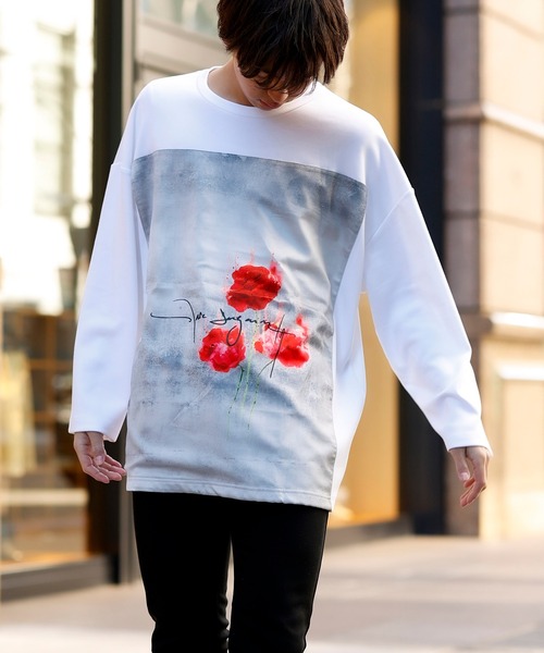 Beno(ビーノ)の「ストレッチR/Tスムース ローズデザイン貼付け ルーズシルエット ロングスリーブTEE(Tシャツ/カットソー・メンズ・ホワイト/ライトベージュ/ラベンダー/サックスブルー/ブラック・FREE)」の11枚目の写真