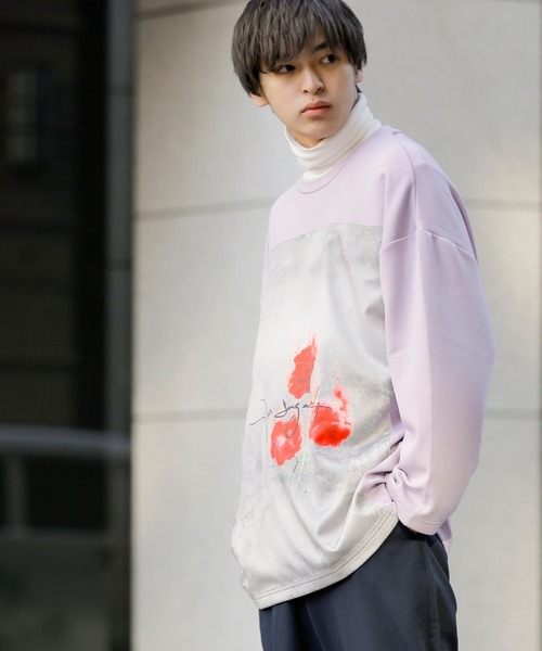 Beno(ビーノ)の「ストレッチR/Tスムース ローズデザイン貼付け ルーズシルエット ロングスリーブTEE(Tシャツ/カットソー・メンズ・ホワイト/ライトベージュ/ラベンダー/サックスブルー/ブラック・FREE)」の6枚目の写真