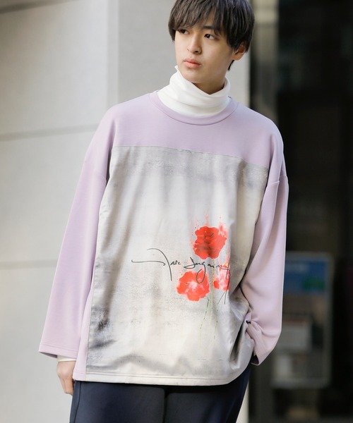 Beno(ビーノ)の「ストレッチR/Tスムース ローズデザイン貼付け ルーズシルエット ロングスリーブTEE(Tシャツ/カットソー・メンズ・ホワイト/ライトベージュ/ラベンダー/サックスブルー/ブラック・FREE)」の7枚目の写真
