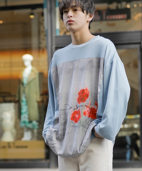Beno(ビーノ)の「ストレッチR/Tスムース ローズデザイン貼付け ルーズシルエット ロングスリーブTEE(Tシャツ/カットソー・メンズ・ホワイト/ライトベージュ/ラベンダー/サックスブルー/ブラック・FREE)」の8枚目の写真