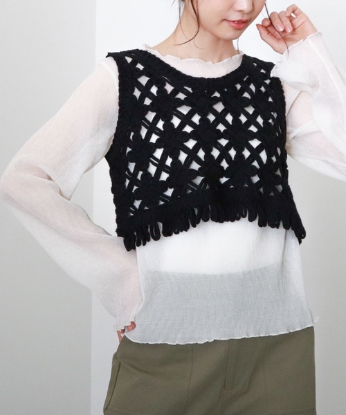 archives（アルシーヴ）の「【限定item】クロシェコンパクトフリンジベスト（ベスト・レディース・ブラック/オフホワイト/アイボリー・MEDIUM）」の3枚目の写真