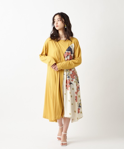 ＊茶々丸　美品　ふりふ　キクツバメ　花天井　切替ワンピース　ネイビー　和柄 ふりふ（フリフ）の「【キクマツバメ・花天井】切替ワンピース