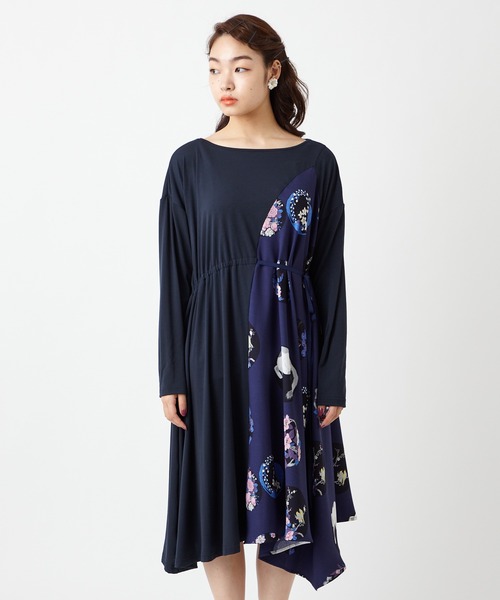 ＊茶々丸　美品　ふりふ　キクツバメ　花天井　切替ワンピース　ネイビー　和柄 ふりふ（フリフ）の「【キクマツバメ・花天井】切替ワンピース