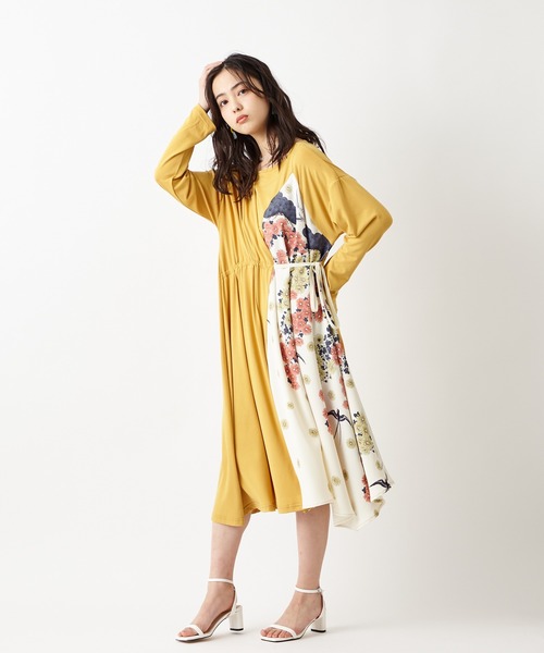 ＊茶々丸　美品　ふりふ　キクツバメ　花天井　切替ワンピース　ネイビー　和柄 ふりふ（フリフ）の「【キクマツバメ・花天井】切替ワンピース
