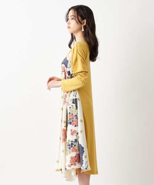 ＊茶々丸　美品　ふりふ　キクツバメ　花天井　切替ワンピース　ネイビー　和柄 ふりふ（フリフ）の「【キクマツバメ・花天井】切替ワンピース