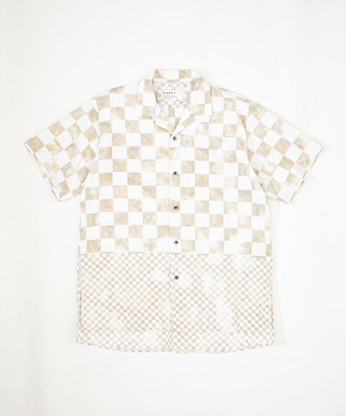 OURET(オーレット)の「60コットンサテンムラ染めチェッカー 切替オープンカラー半袖シャツ(シャツ/ブラウス・メンズ・ブラック/パープル/グレー/カーキ・2/1)」の3枚目の写真