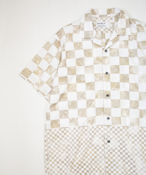 OURET(オーレット)の「60コットンサテンムラ染めチェッカー 切替オープンカラー半袖シャツ(シャツ/ブラウス・メンズ・ブラック/パープル/グレー/カーキ・2/1)」の20枚目の写真