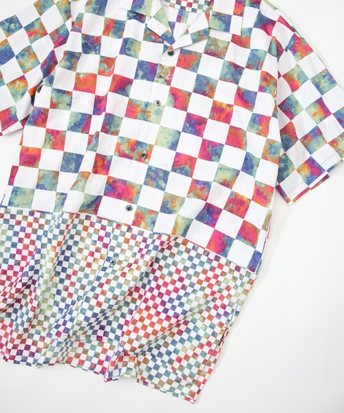 OURET(オーレット)の「60コットンサテンムラ染めチェッカー 切替オープンカラー半袖シャツ(シャツ/ブラウス・メンズ・ブラック/パープル/グレー/カーキ・2/1)」の15枚目の写真