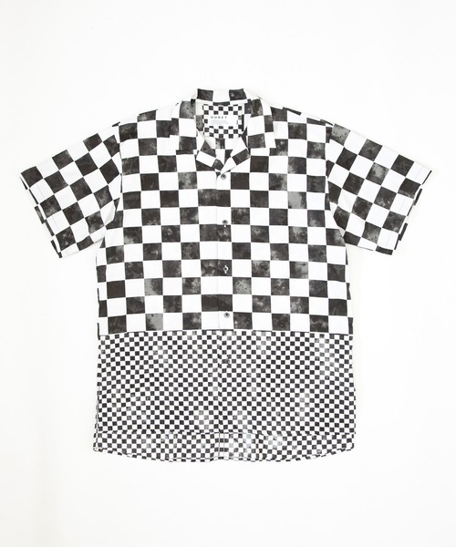 OURET(オーレット)の「60コットンサテンムラ染めチェッカー 切替オープンカラー半袖シャツ(シャツ/ブラウス・メンズ・ブラック/パープル/グレー/カーキ・2/1)」の7枚目の写真