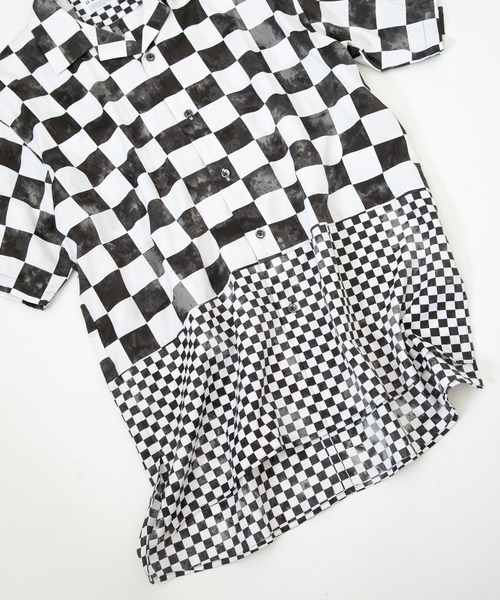 OURET(オーレット)の「60コットンサテンムラ染めチェッカー 切替オープンカラー半袖シャツ(シャツ/ブラウス・メンズ・ブラック/パープル/グレー/カーキ・2/1)」の13枚目の写真