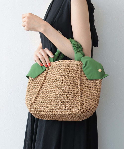 Three Four Time（ｽﾘｰﾌｫｰﾀｲﾑ）の「さがりリボン手編みトート（かごバッグ・レディース・グリーン/マスタード/グレー/ブラック・FREE）」の17枚目の写真