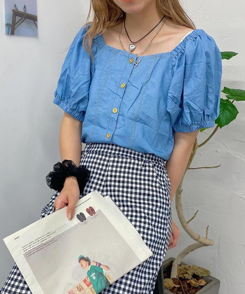 WEGO（ウィゴー）の「WEGO/デニムパフスリーブブラウス（シャツ/ブラウス・レディース・ブルー・FREE）」の6枚目の写真