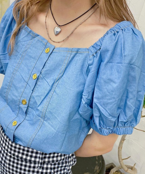 WEGO（ウィゴー）の「WEGO/デニムパフスリーブブラウス（シャツ/ブラウス・レディース・ブルー・FREE）」の7枚目の写真